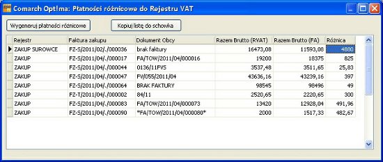Okno programu EO:RoPlaVAT - generowanie dodatkowych płatności z rejestru VAT na podstawie różnic po aktualizacji faktur zakupu - system Comarch OPT!MA